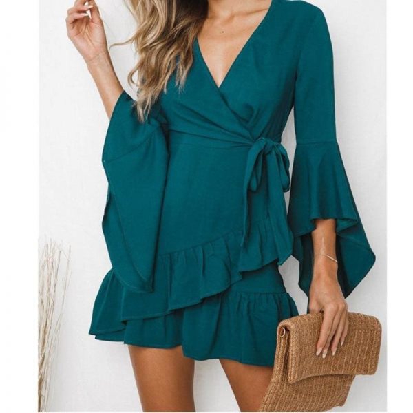 The Best Women Sexy V-Neck High Waist Wrap Mini Dress Ladies Summer Beach Floral Ruffle Dress Sundress Online - Takalr