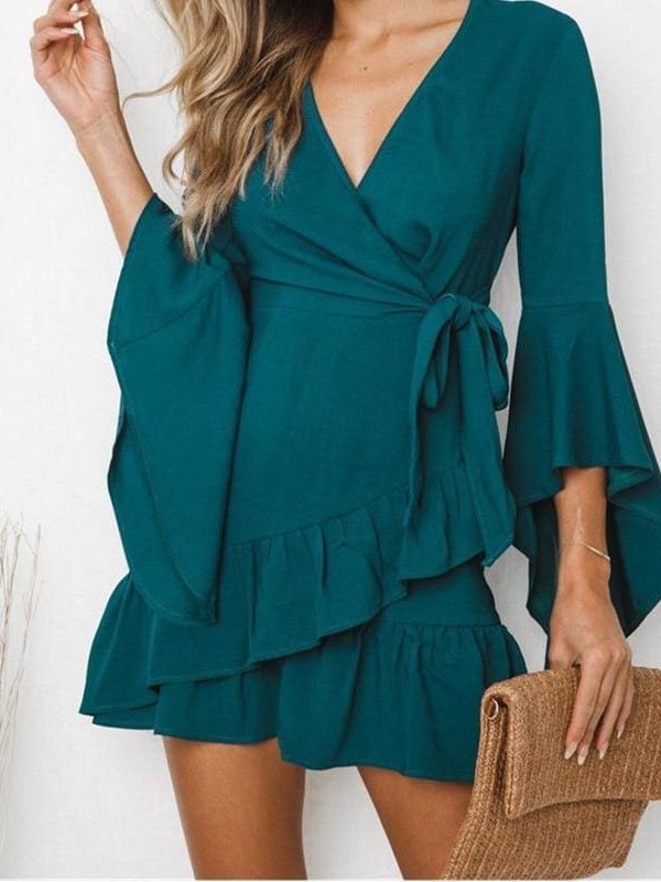 The Best Women Sexy V-Neck High Waist Wrap Mini Dress Ladies Summer Beach Floral Ruffle Dress Sundress Online - Takalr