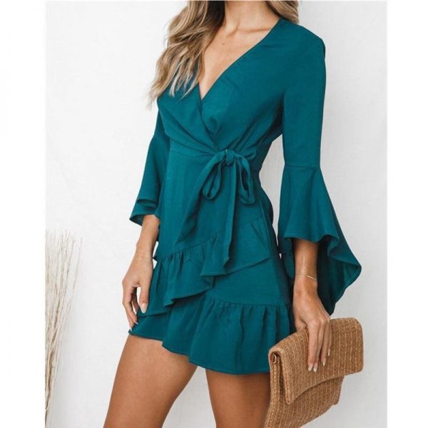 The Best Women Sexy V-Neck High Waist Wrap Mini Dress Ladies Summer Beach Floral Ruffle Dress Sundress Online - Takalr