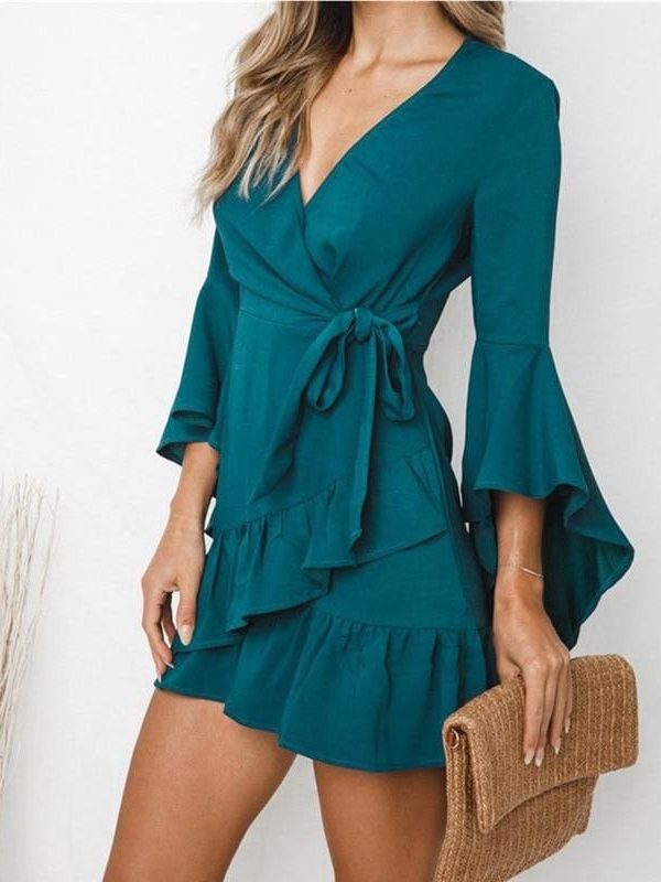 The Best Women Sexy V-Neck High Waist Wrap Mini Dress Ladies Summer Beach Floral Ruffle Dress Sundress Online - Takalr