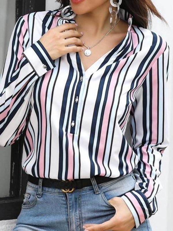 The Best Women Shirts Striped Blouses Office Ladies Long Sleeve Buttons Slim Shirts Tops Online - Takalr