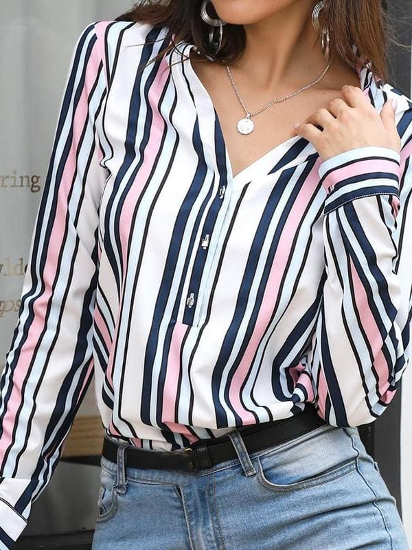 The Best Women Shirts Striped Blouses Office Ladies Long Sleeve Buttons Slim Shirts Tops Online - Takalr