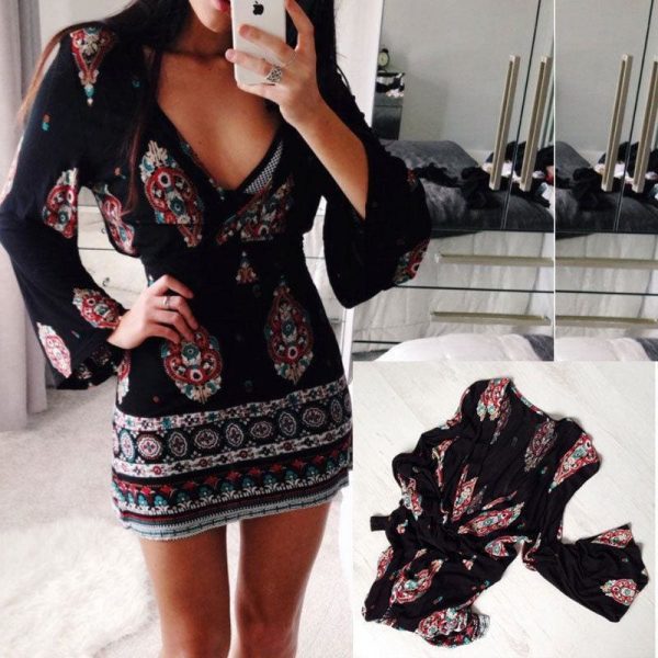 The Best Women Short Summer Dress Casual V Neck Long Sleeve Printed Dress Online - Source Silk