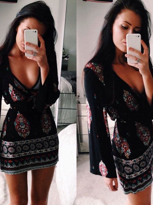 The Best Women Short Summer Dress Casual V Neck Long Sleeve Printed Dress Online - Source Silk