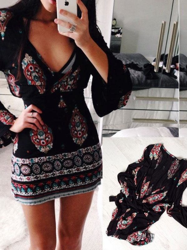 The Best Women Short Summer Dress Casual V Neck Long Sleeve Printed Dress Online - Source Silk