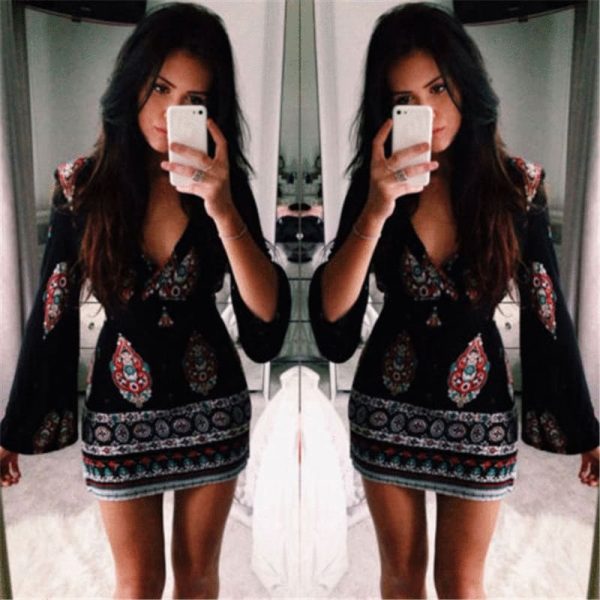 The Best Women Short Summer Dress Casual V Neck Long Sleeve Printed Dress Online - Source Silk