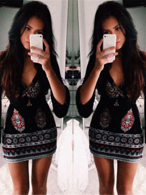 The Best Women Short Summer Dress Casual V Neck Long Sleeve Printed Dress Online - Source Silk