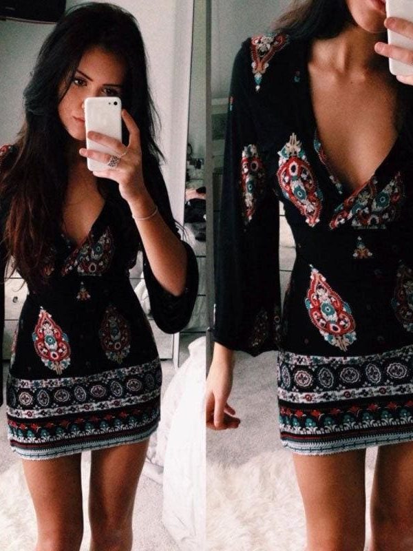 The Best Women Short Summer Dress Casual V Neck Long Sleeve Printed Dress Online - Source Silk