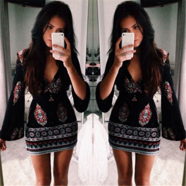 The Best Women Short Summer Dress Casual V Neck Long Sleeve Printed Dress Online - Source Silk