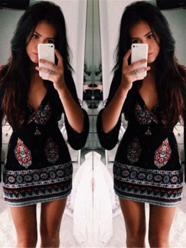 The Best Women Short Summer Dress Casual V Neck Long Sleeve Printed Dress Online - Source Silk