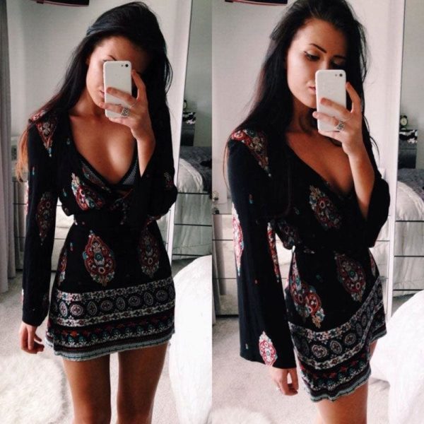 The Best Women Short Summer Dress Casual V Neck Long Sleeve Printed Dress Online - Source Silk