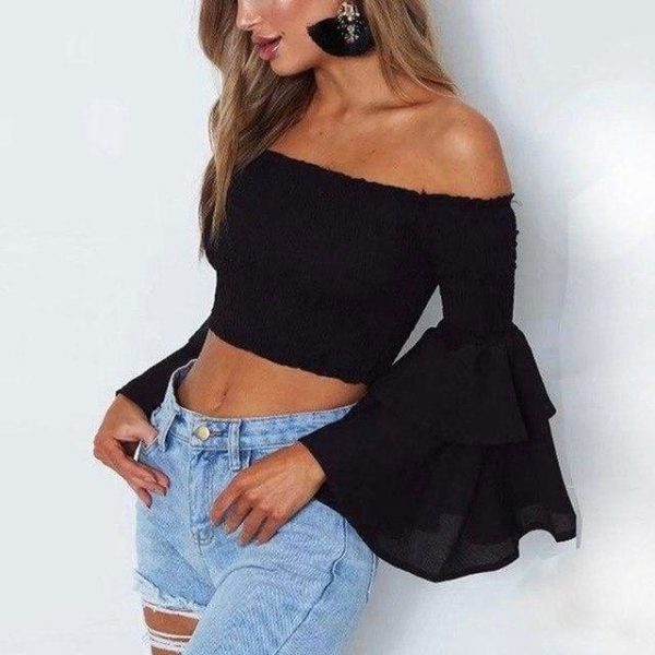 The Best Women Slash Neck Flare Sleeve Slim Short Shirt Off Shoulder Tops Online - Takalr