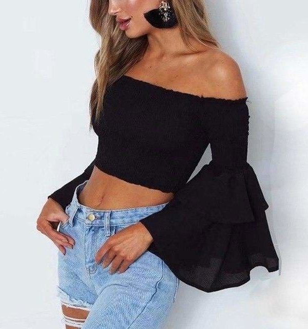 The Best Women Slash Neck Flare Sleeve Slim Short Shirt Off Shoulder Tops Online - Takalr