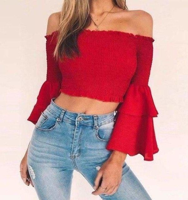 The Best Women Slash Neck Flare Sleeve Slim Short Shirt Off Shoulder Tops Online - Takalr