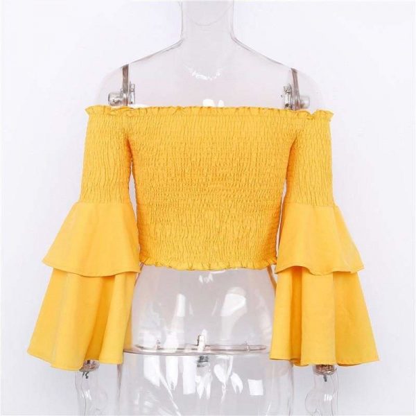 The Best Women Slash Neck Flare Sleeve Slim Short Shirt Off Shoulder Tops Online - Takalr