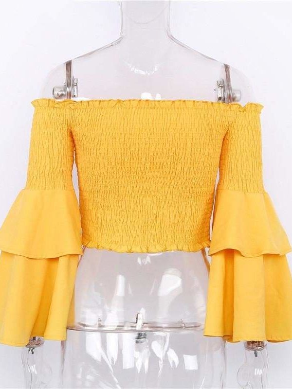 The Best Women Slash Neck Flare Sleeve Slim Short Shirt Off Shoulder Tops Online - Takalr