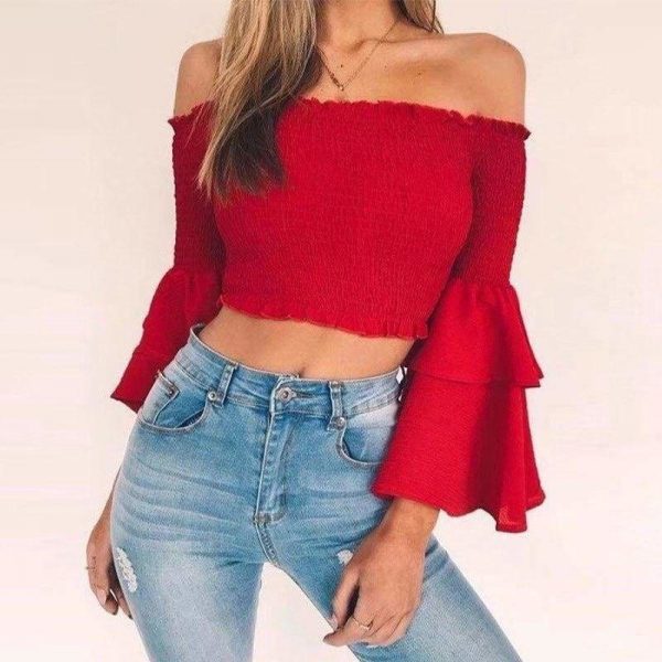 The Best Women Slash Neck Flare Sleeve Slim Short Shirt Off Shoulder Tops Online - Takalr