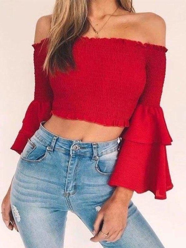 The Best Women Slash Neck Flare Sleeve Slim Short Shirt Off Shoulder Tops Online - Takalr