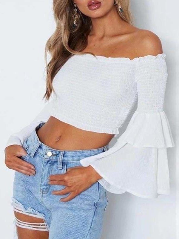 The Best Women Slash Neck Flare Sleeve Slim Short Shirt Off Shoulder Tops Online - Takalr