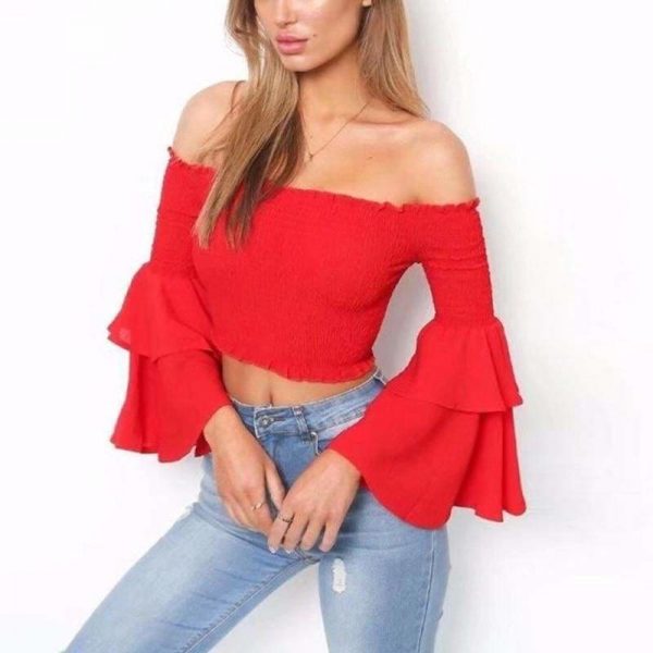 The Best Women Slash Neck Flare Sleeve Slim Short Shirt Off Shoulder Tops Online - Takalr