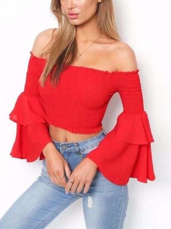 The Best Women Slash Neck Flare Sleeve Slim Short Shirt Off Shoulder Tops Online - Takalr