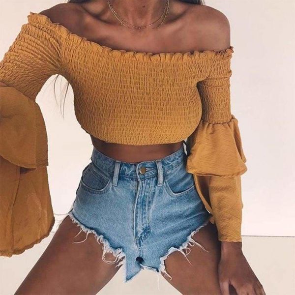 The Best Women Slash Neck Flare Sleeve Slim Short Shirt Off Shoulder Tops Online - Takalr