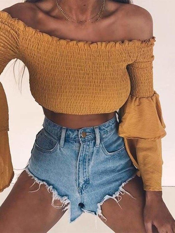 The Best Women Slash Neck Flare Sleeve Slim Short Shirt Off Shoulder Tops Online - Takalr