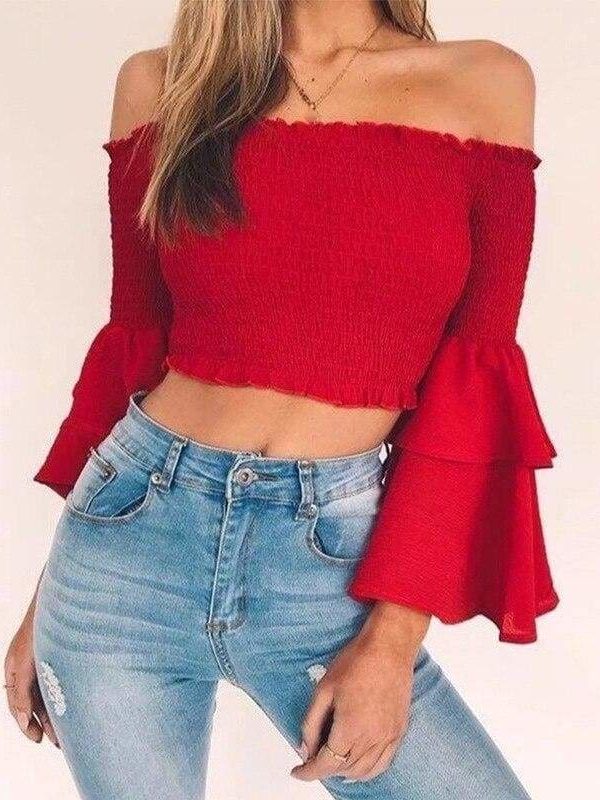 The Best Women Slash Neck Flare Sleeve Slim Short Shirt Off Shoulder Tops Online - Takalr