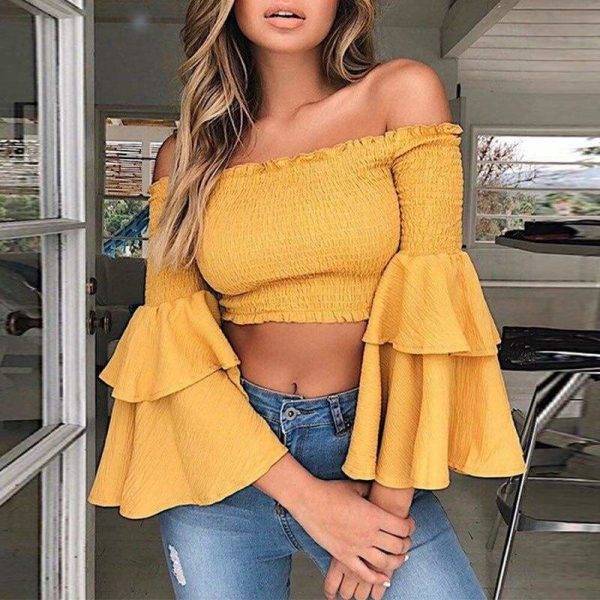 The Best Women Slash Neck Flare Sleeve Slim Short Shirt Off Shoulder Tops Online - Takalr