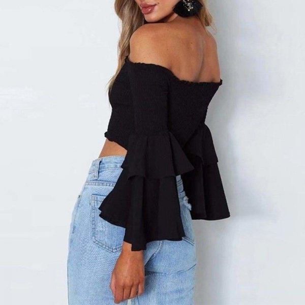 The Best Women Slash Neck Flare Sleeve Slim Short Shirt Off Shoulder Tops Online - Takalr