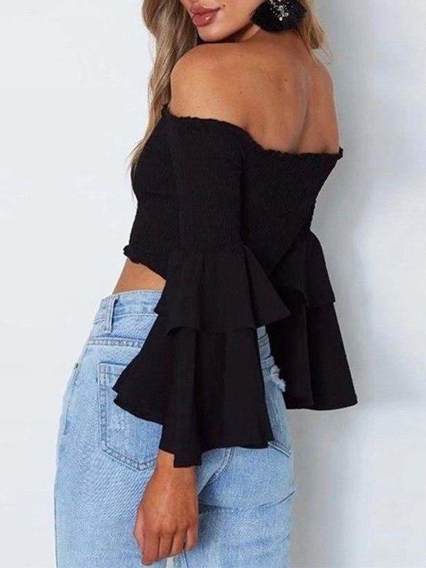 The Best Women Slash Neck Flare Sleeve Slim Short Shirt Off Shoulder Tops Online - Takalr