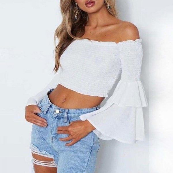 The Best Women Slash Neck Flare Sleeve Slim Short Shirt Off Shoulder Tops Online - Takalr