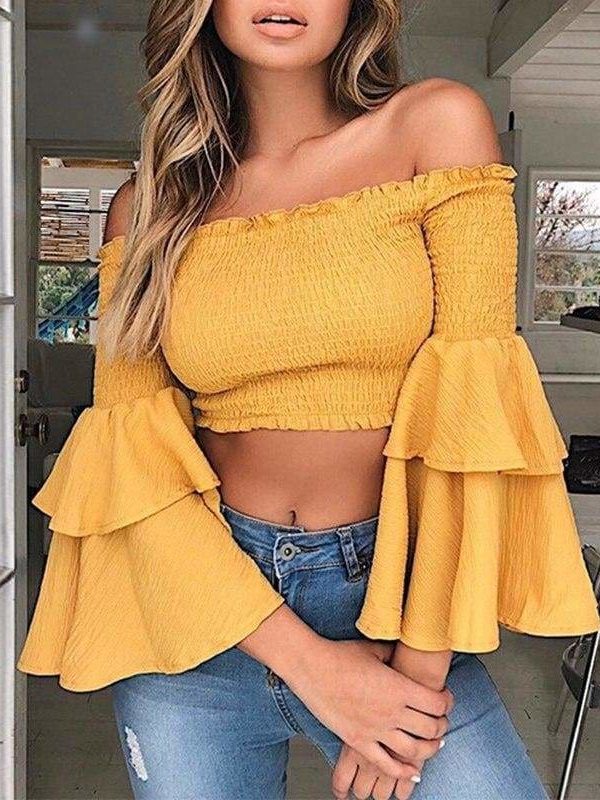 The Best Women Slash Neck Flare Sleeve Slim Short Shirt Off Shoulder Tops Online - Takalr