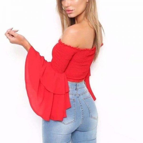 The Best Women Slash Neck Flare Sleeve Slim Short Shirt Off Shoulder Tops Online - Takalr