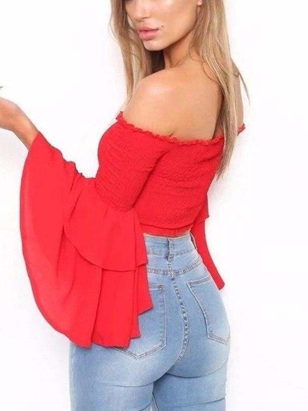 The Best Women Slash Neck Flare Sleeve Slim Short Shirt Off Shoulder Tops Online - Takalr