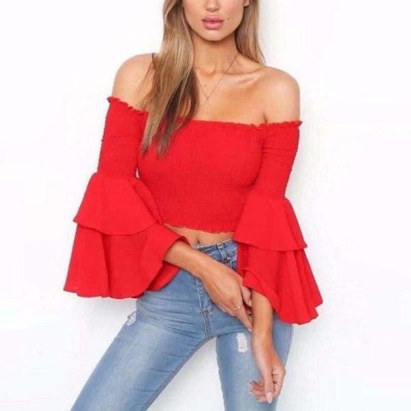 The Best Women Slash Neck Flare Sleeve Slim Short Shirt Off Shoulder Tops Online - Takalr