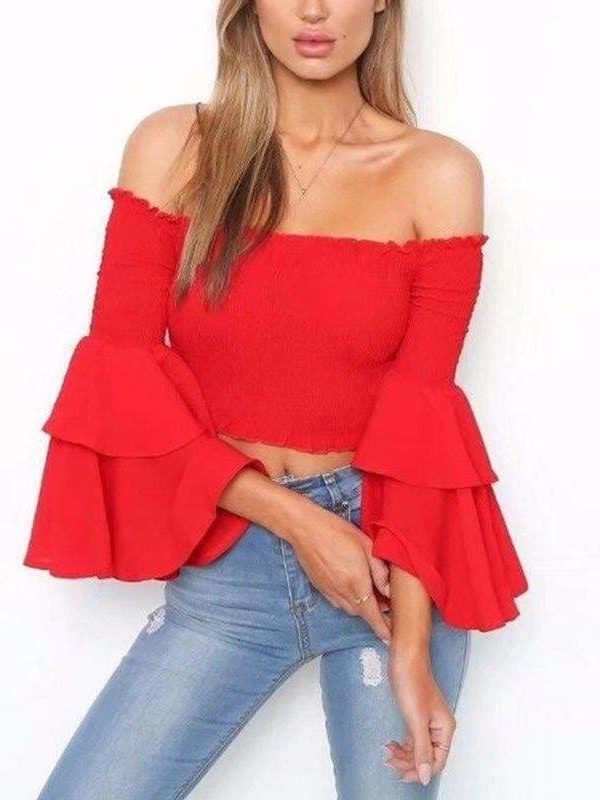 The Best Women Slash Neck Flare Sleeve Slim Short Shirt Off Shoulder Tops Online - Takalr