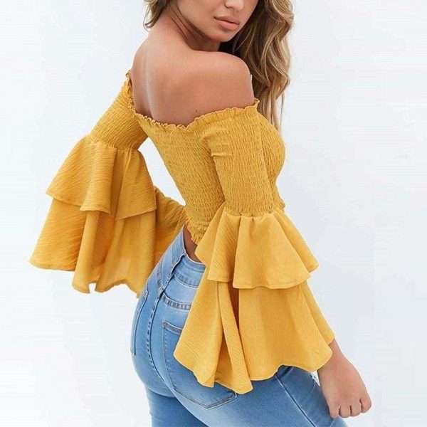 The Best Women Slash Neck Flare Sleeve Slim Short Shirt Off Shoulder Tops Online - Takalr