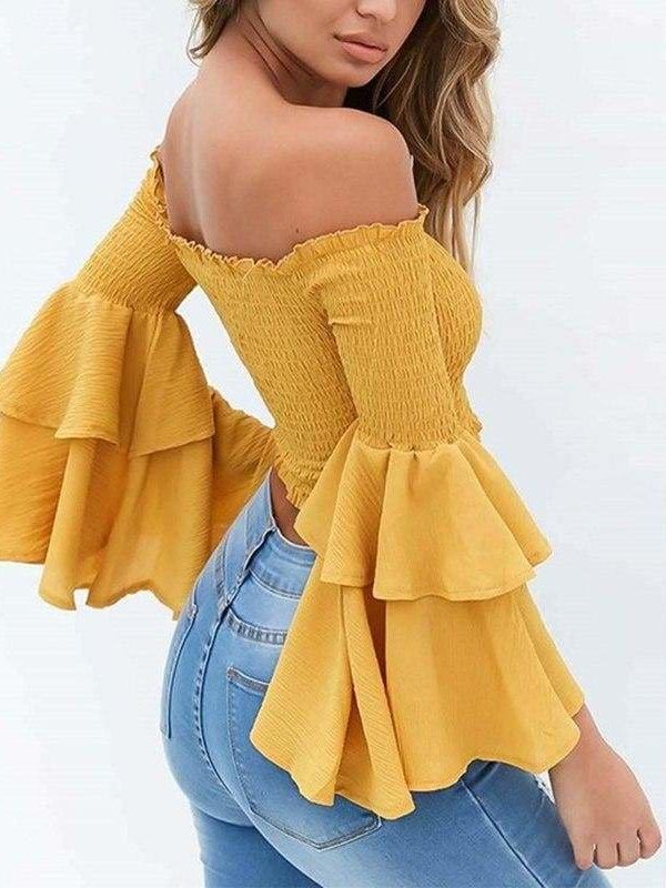 The Best Women Slash Neck Flare Sleeve Slim Short Shirt Off Shoulder Tops Online - Takalr