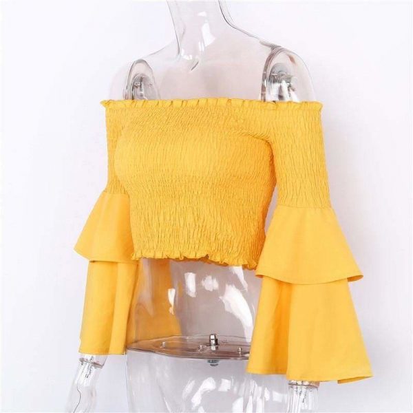 The Best Women Slash Neck Flare Sleeve Slim Short Shirt Off Shoulder Tops Online - Takalr