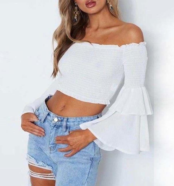 The Best Women Slash Neck Flare Sleeve Slim Short Shirt Off Shoulder Tops Online - Takalr