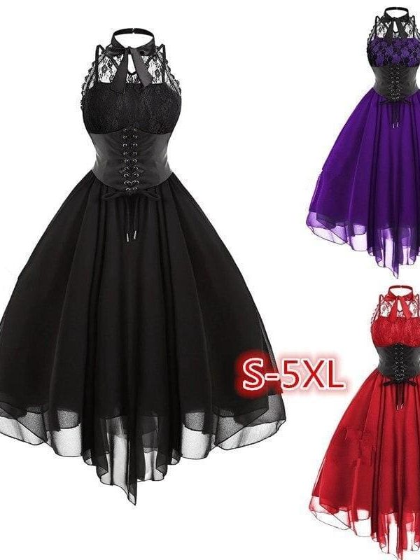 The Best Women Sleeveless Bandage Chiffon Dress Gothic Solid Plus Midi Dress Online - Source Silk