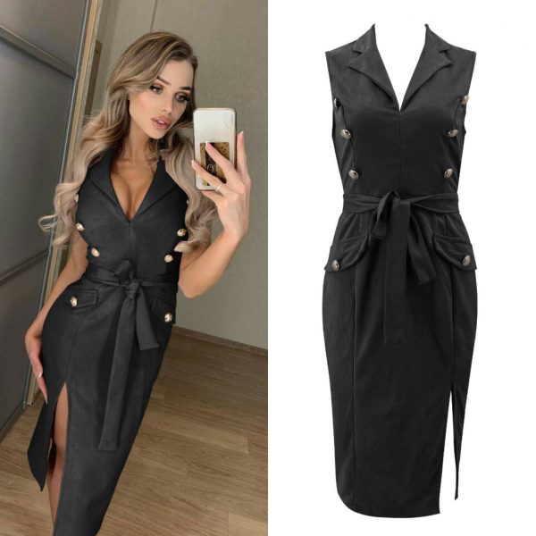 The Best Women Sleeveless Bodycon Dress OL Ladies V-Neck Button Bow Slit Party Cocktail Club Sundress Online - Takalr