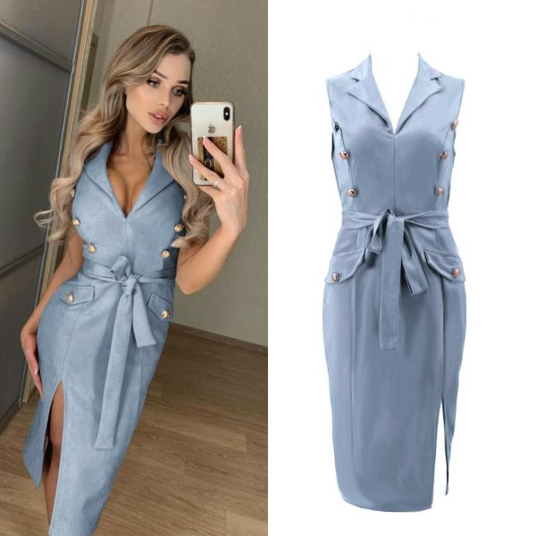 The Best Women Sleeveless Bodycon Dress OL Ladies V-Neck Button Bow Slit Party Cocktail Club Sundress Online - Takalr