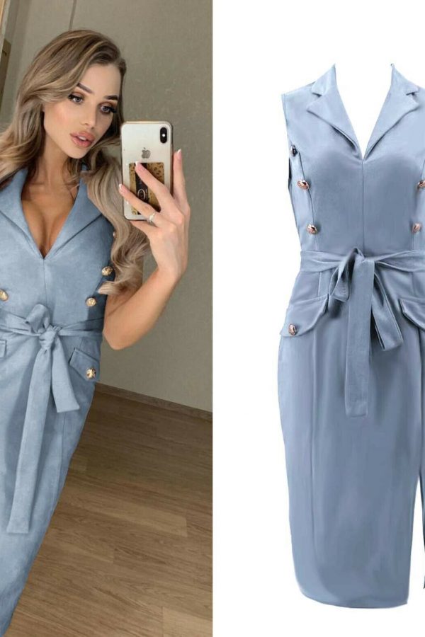 The Best Women Sleeveless Bodycon Dress OL Ladies V-Neck Button Bow Slit Party Cocktail Club Sundress Online - Takalr