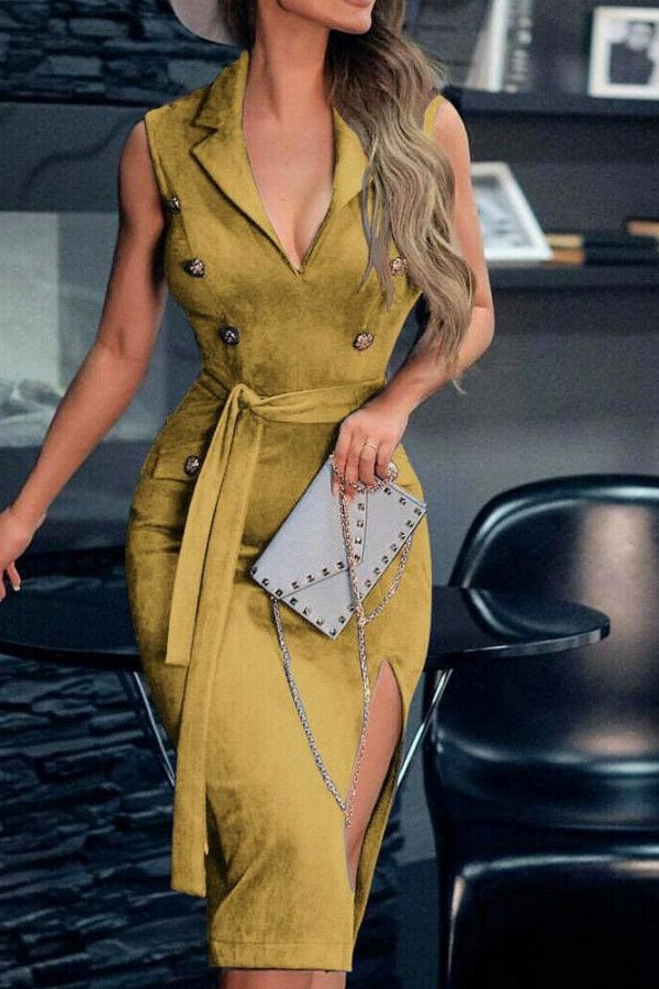 The Best Women Sleeveless Bodycon Dress OL Ladies V-Neck Button Bow Slit Party Cocktail Club Sundress Online - Takalr