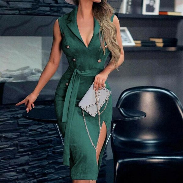 The Best Women Sleeveless Bodycon Dress OL Ladies V-Neck Button Bow Slit Party Cocktail Club Sundress Online - Takalr