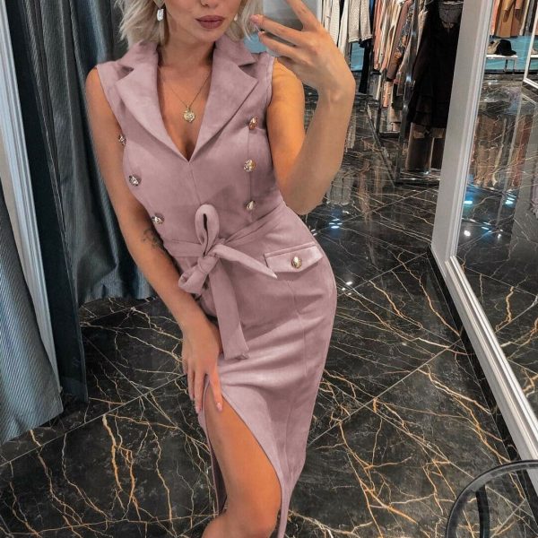 The Best Women Sleeveless Bodycon Dress OL Ladies V-Neck Button Bow Slit Party Cocktail Club Sundress Online - Takalr