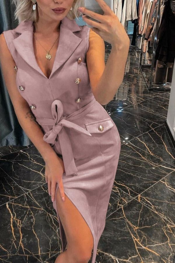 The Best Women Sleeveless Bodycon Dress OL Ladies V-Neck Button Bow Slit Party Cocktail Club Sundress Online - Takalr