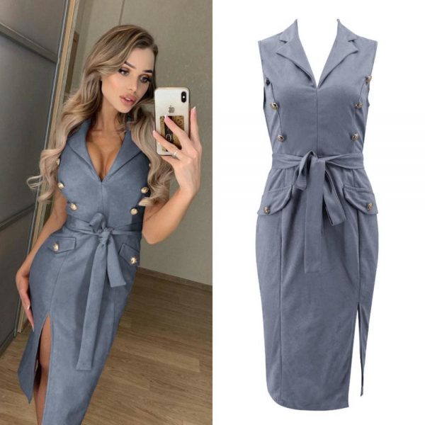 The Best Women Sleeveless Bodycon Dress OL Ladies V-Neck Button Bow Slit Party Cocktail Club Sundress Online - Takalr